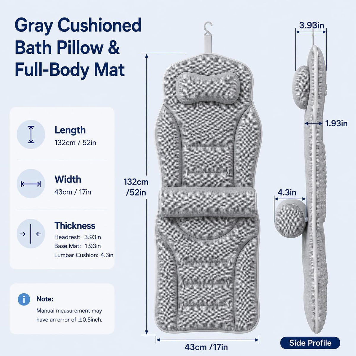 Full Body Bathtub Pillow with Lumbar Support, 5D Air Mesh Bathtub Cushion for Soaking Tub, 168 Suction Cups Full Bath Pillow for Post-Yoga Spa, Deep Relaxation & Romantic Baths