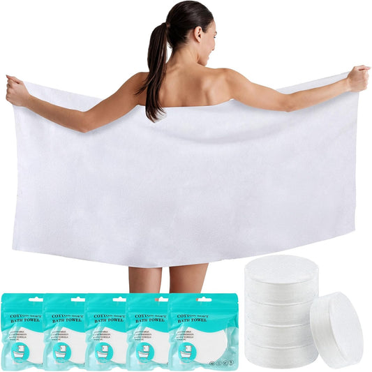 5 Pack Large Compressed Towel Bath for Travel 55''x 27.5''Soft Bath Disposable Portable Thicken Individually Wrapped Body Towel for Hotel Camping Beach Swimming Gym Sauna Spa Hiking Trip