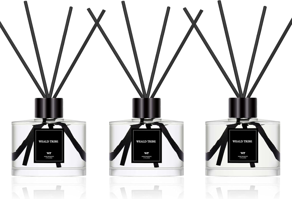 Reed Diffuser Set of 3 for Bathroom Air Fresheners, Oil Diffuser Sticks | Fresh Linen, Ocean, Eucalyptus & Mint Scent(1.7 fl oz Each Pack) Fragrance with 12 Sticks Defusers | Shelf Decor