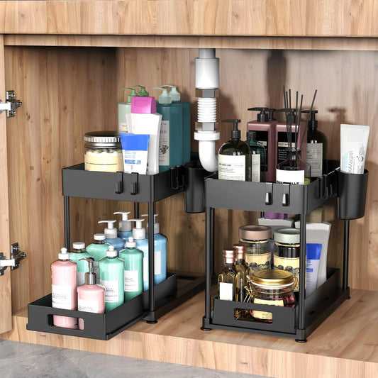 2 Pack Under Sink Organizer with Pull-Out Drawer, Black
