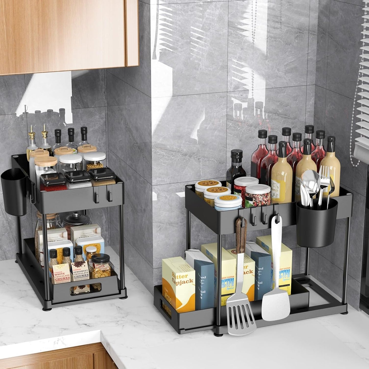 2 Pack Under Sink Organizer with Pull-Out Drawer, Black