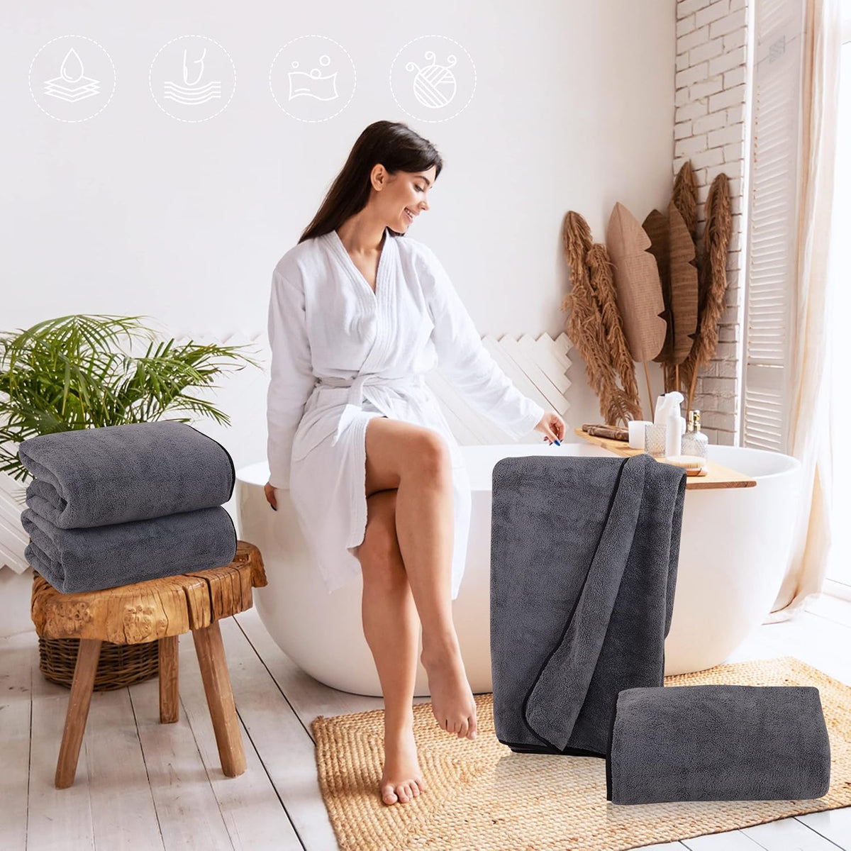 Luxury Silk Hemming Towel Set - Light Thin Quick Drying - 2 Bath Towels 2 Hand Towels 2 Washcloths - Ultra Soft Microfiber, for Bath Fitness, Sports, Yoga, Travel (Dark Grey 6 Pieces)