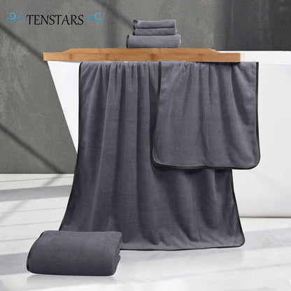 Luxury Silk Hemming Towel Set - Light Thin Quick Drying - 2 Bath Towels 2 Hand Towels 2 Washcloths - Ultra Soft Microfiber, for Bath Fitness, Sports, Yoga, Travel (Dark Grey 6 Pieces)