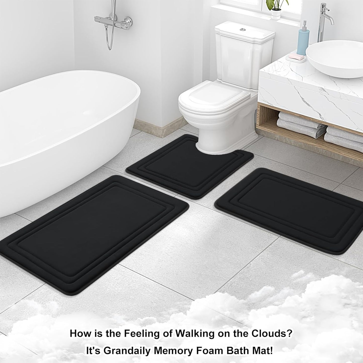 Grandaily Memory Foam Bath Mat Rug 30x20, Ultra Soft, Non-Slip and Absorbent Bathroom Rugs, Machine Wash Dry, Comfortable Bath Carpet for Bathroom Floor, Tub and Shower, Black