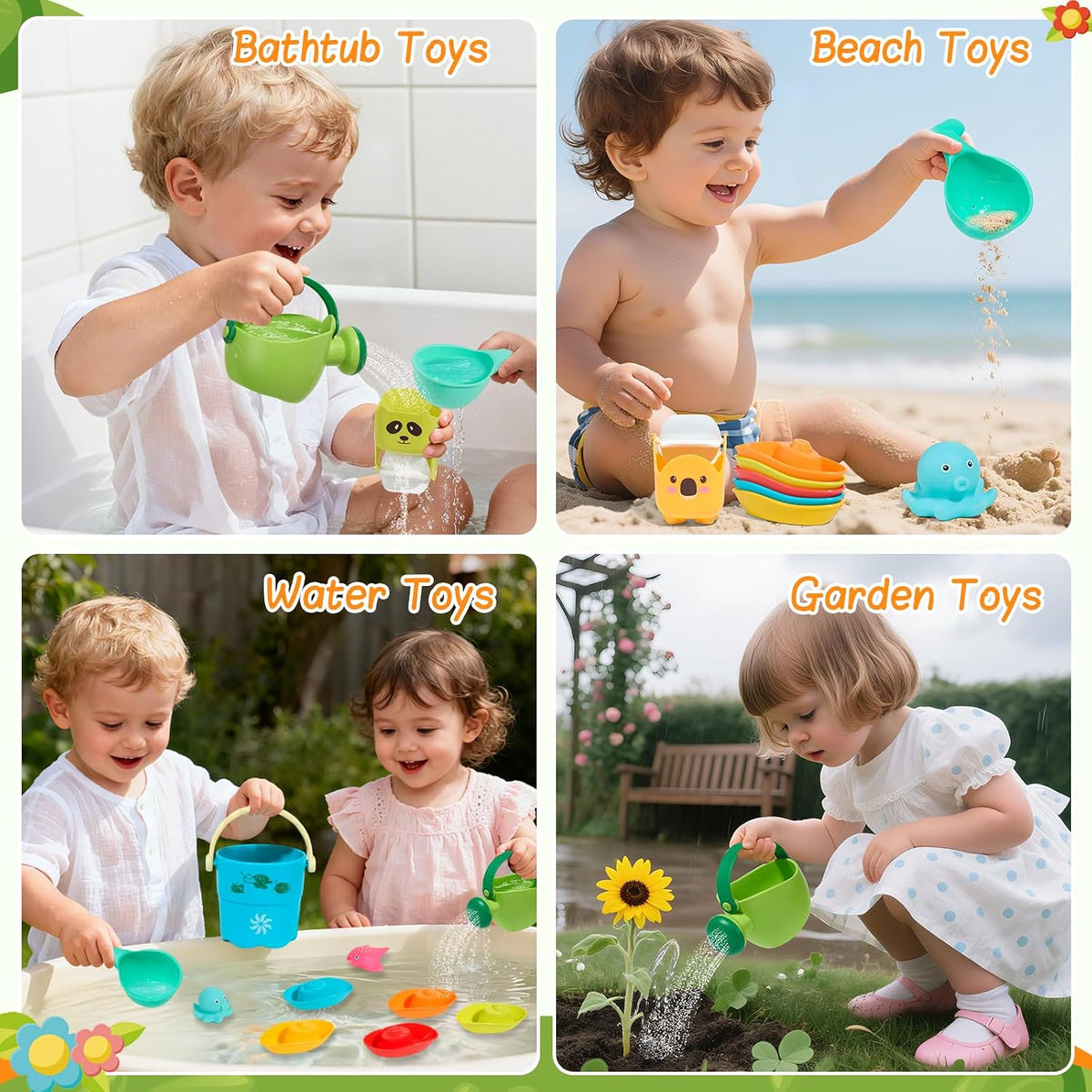 Mold Free Bath Toys | Easy Clean Easy-Grip Baby Bath Toys for Toddlers 2-4 | Bath Boats Cups Watering Can Tub Toy | Bathtub Pool Water Toys for 18+ Months Year Old Boys Girl Gifts