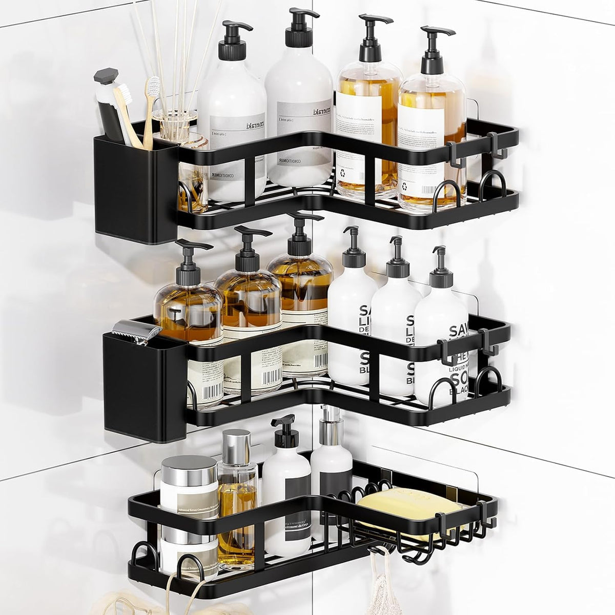 3 Pack Corner Shower Shelves, Rustproof Shower Organizer Caddy | No Drilling Shower Organizer Corner Exclusively for 90 Degree Right-Angle Walls with Hooks and Toothpaste Holder, Black