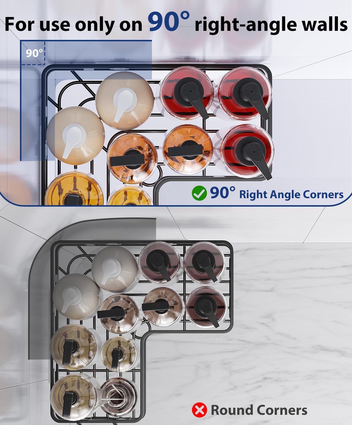 3 Pack Corner Shower Shelves, Rustproof Shower Organizer Caddy | No Drilling Shower Organizer Corner Exclusively for 90 Degree Right-Angle Walls with Hooks and Toothpaste Holder, Black