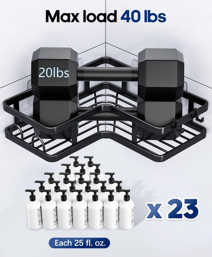 3 Pack Corner Shower Shelves, Rustproof Shower Organizer Caddy | No Drilling Shower Organizer Corner Exclusively for 90 Degree Right-Angle Walls with Hooks and Toothpaste Holder, Black