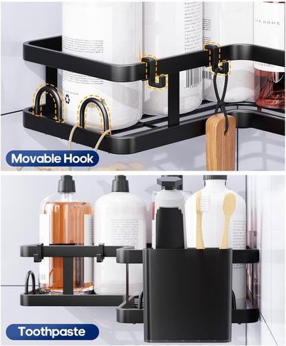 3 Pack Corner Shower Shelves, Rustproof Shower Organizer Caddy | No Drilling Shower Organizer Corner Exclusively for 90 Degree Right-Angle Walls with Hooks and Toothpaste Holder, Black