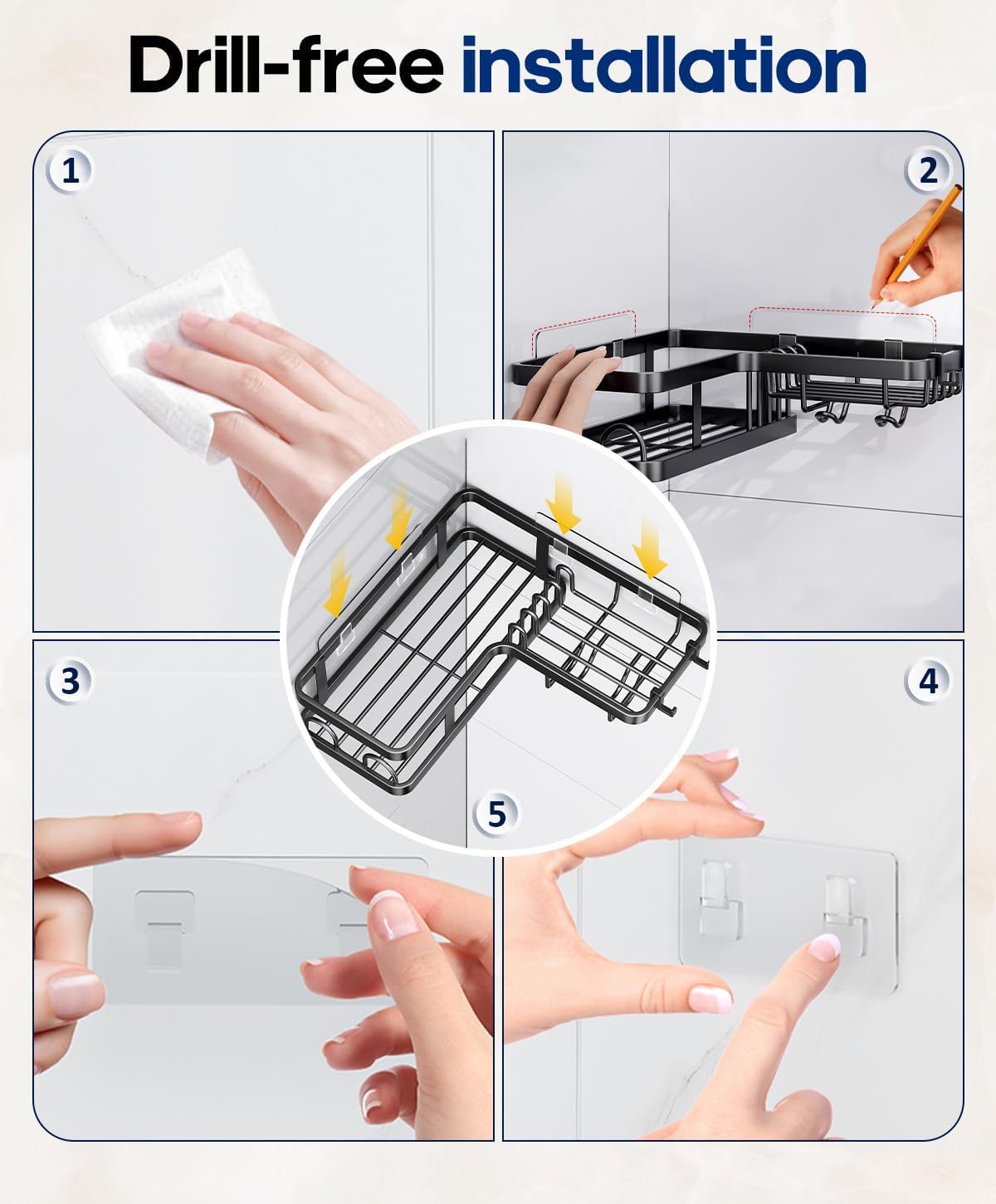 3 Pack Corner Shower Shelves, Rustproof Shower Organizer Caddy | No Drilling Shower Organizer Corner Exclusively for 90 Degree Right-Angle Walls with Hooks and Toothpaste Holder, Black