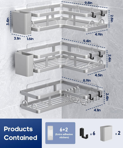 3 Pack Corner Shower Shelves, Rustproof Shower Organizer Caddy | No Drilling Shower Organizer Corner Exclusively for 90 Degree Right-Angle Walls with Hooks and Toothpaste Holder, Black