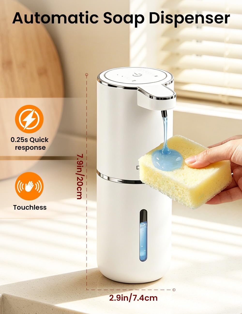 Automatic Soap Dispenser Touchless, USB Rechargeable Hand Soap Dispenser, 4 Adjustable Soap Levels, IPX5 Waterproof, 12.8oz/380ml, Countertop or Wall Mounted for Bathroom and Kitchen, White