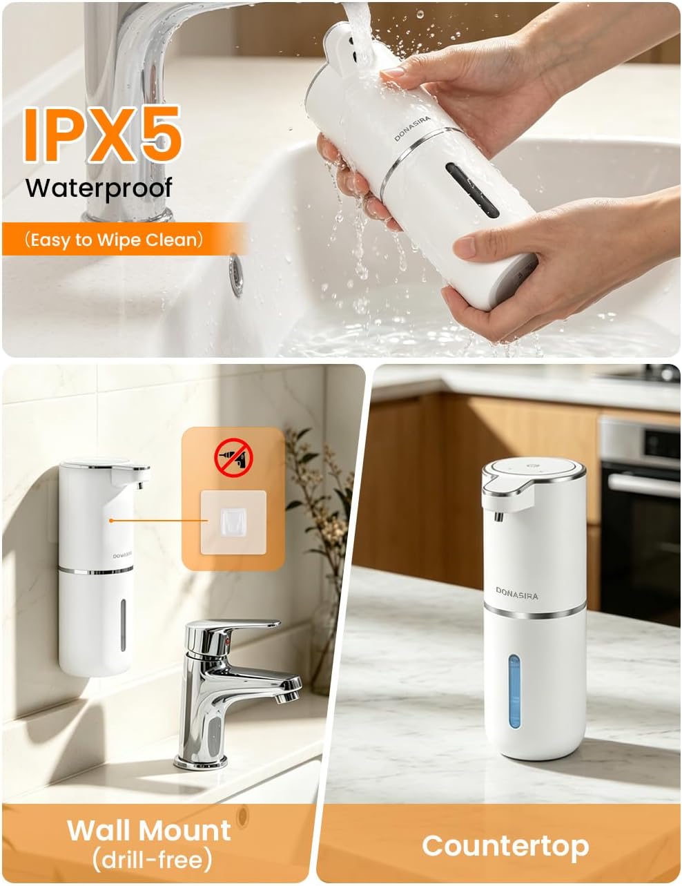 Automatic Soap Dispenser Touchless, USB Rechargeable Hand Soap Dispenser, 4 Adjustable Soap Levels, IPX5 Waterproof, 12.8oz/380ml, Countertop or Wall Mounted for Bathroom and Kitchen, White