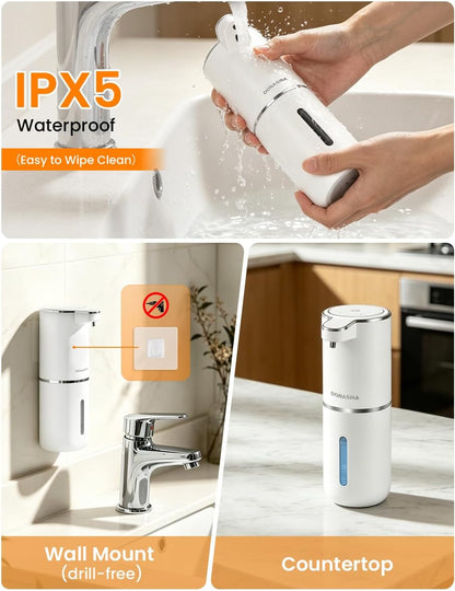Automatic Soap Dispenser Touchless, USB Rechargeable Hand Soap Dispenser, 4 Adjustable Soap Levels, IPX5 Waterproof, 12.8oz/380ml, Countertop or Wall Mounted for Bathroom and Kitchen, White