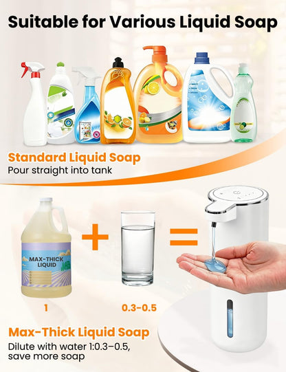 Automatic Soap Dispenser Touchless, USB Rechargeable Hand Soap Dispenser, 4 Adjustable Soap Levels, IPX5 Waterproof, 12.8oz/380ml, Countertop or Wall Mounted for Bathroom and Kitchen, White