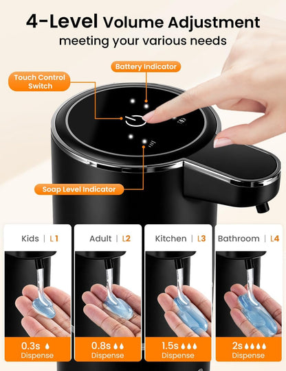 Automatic Soap Dispenser Touchless, USB Rechargeable Hand Soap Dispenser, 4 Adjustable Soap Levels, IPX5 Waterproof, 12.8oz/380ml, Countertop or Wall Mounted for Bathroom and Kitchen, White