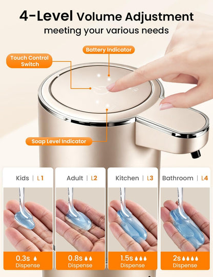 Automatic Soap Dispenser Touchless, USB Rechargeable Hand Soap Dispenser, 4 Adjustable Soap Levels, IPX5 Waterproof, 12.8oz/380ml, Countertop or Wall Mounted for Bathroom and Kitchen, White
