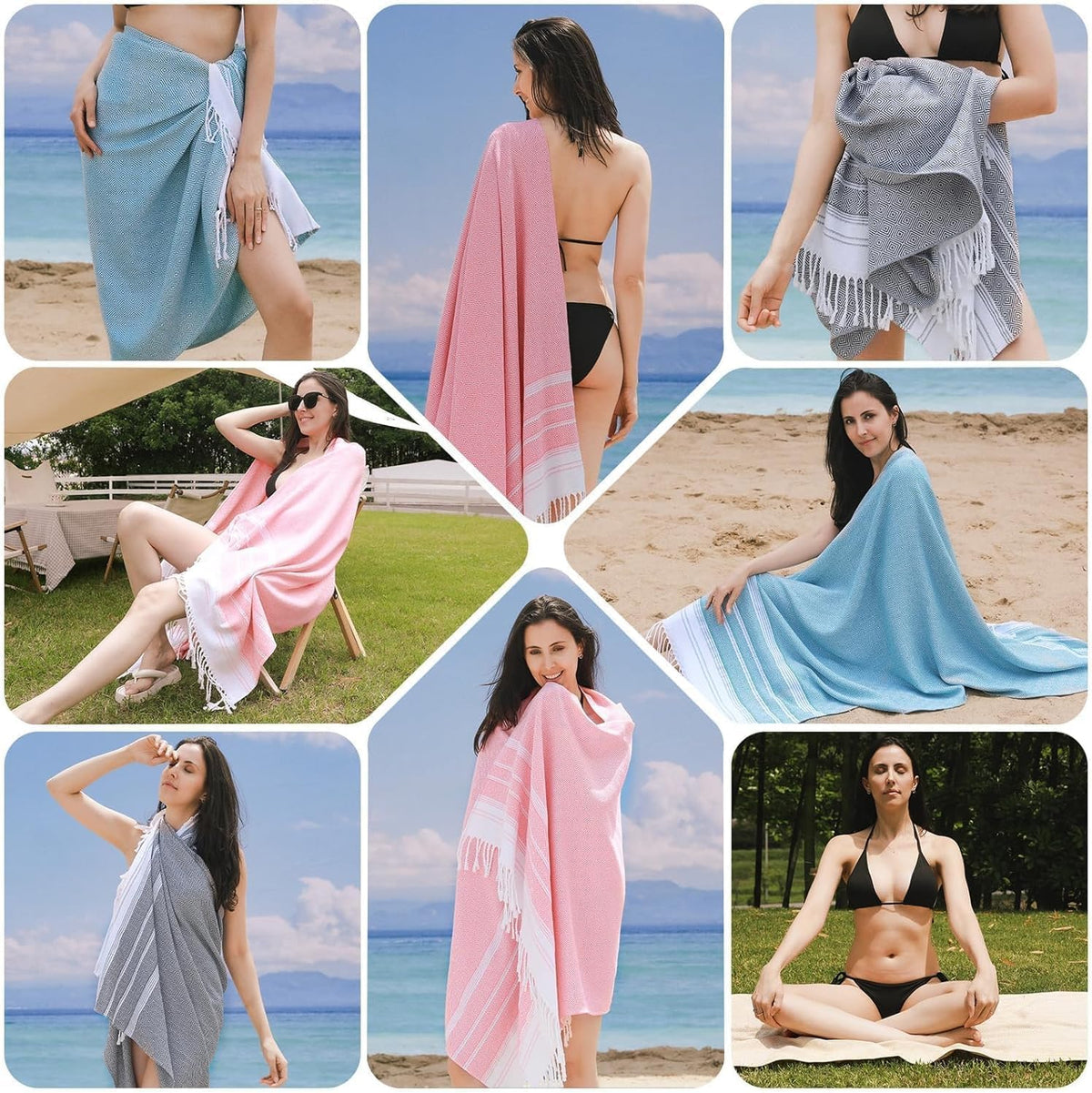 6 Packs Oversized Turkish Beach Towels Set Towel Bulk 74"x38" Extra Large Quick Dry Sand Free Light Swim Bath Camping Pool Towel Travel Blanket Essentials Cruise Accessories Adult Vacation