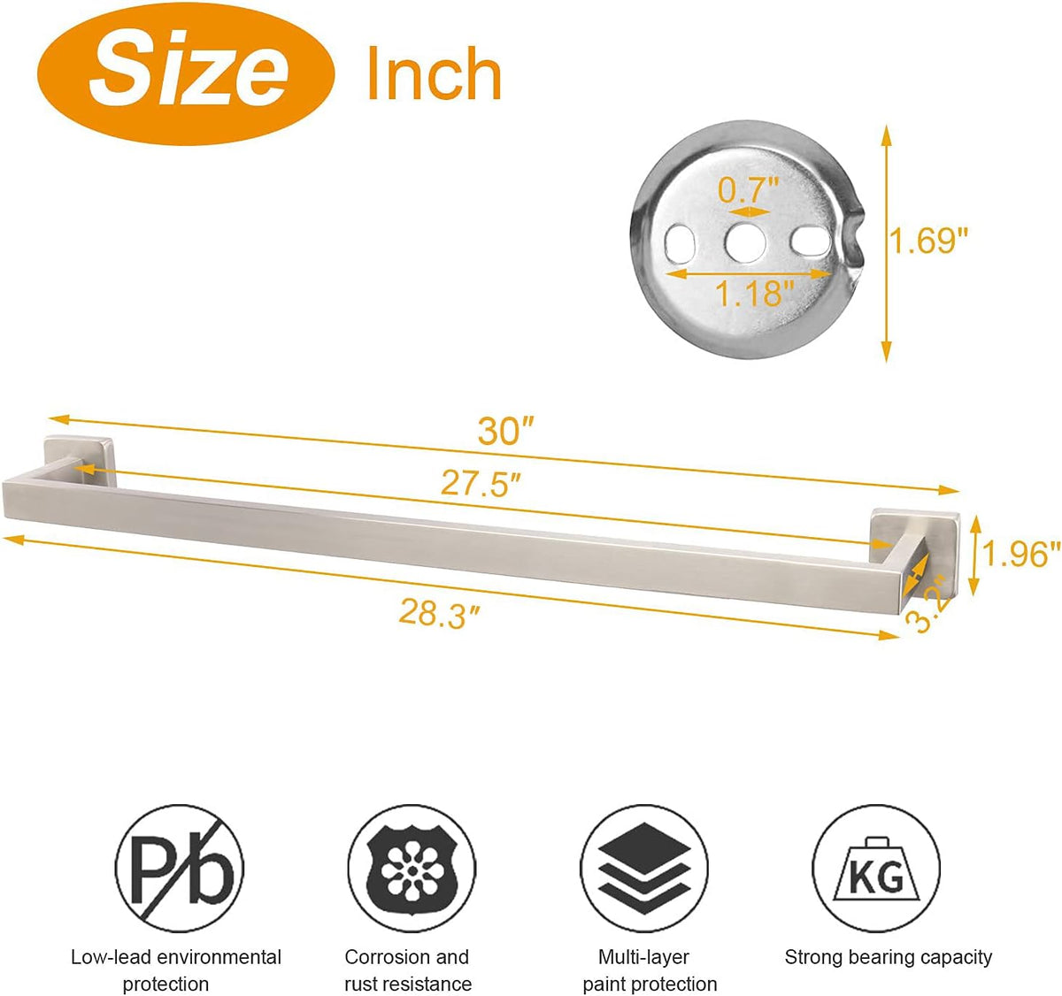 Bath Towel Rack - Square Base Thicken SUS304 Stainless Steel Towel Bar for Bathroom, Bathroom Accessories Towel Rod Heavy Duty Wall Mounted Towel Holder. (Brushed Nickel, 16)