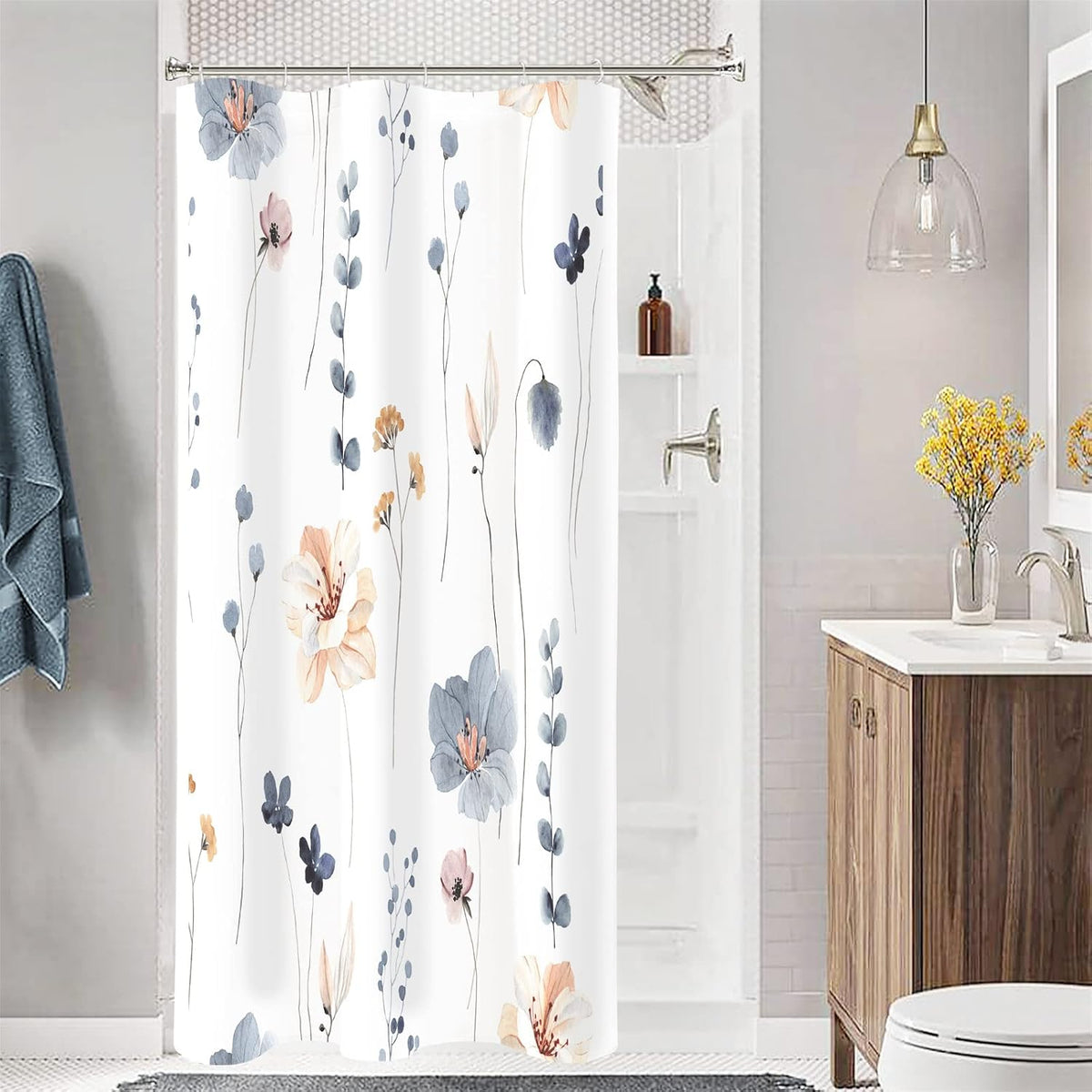Sage Green Beige Watercolor Floral Fabric Shower Curtain 72x72