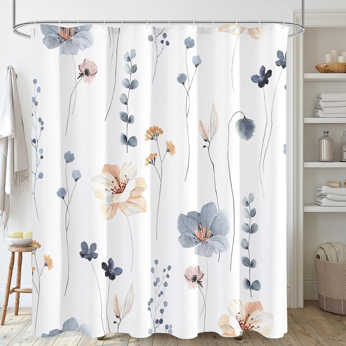 Sage Green Beige Watercolor Floral Fabric Shower Curtain 72x72
