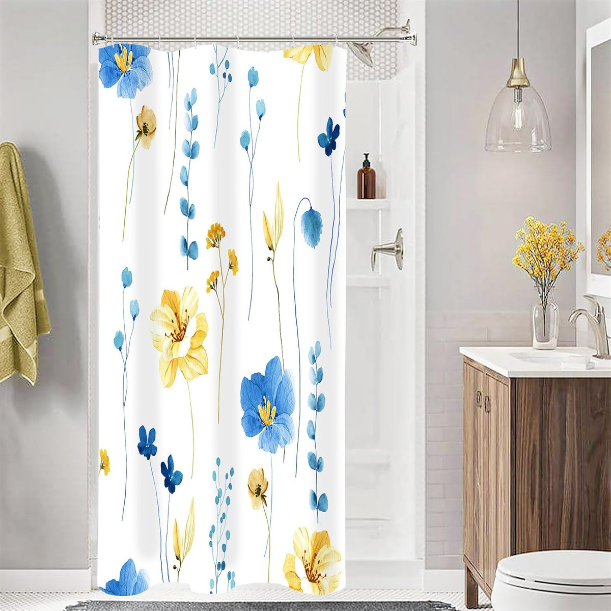 Sage Green Beige Watercolor Floral Fabric Shower Curtain 72x72