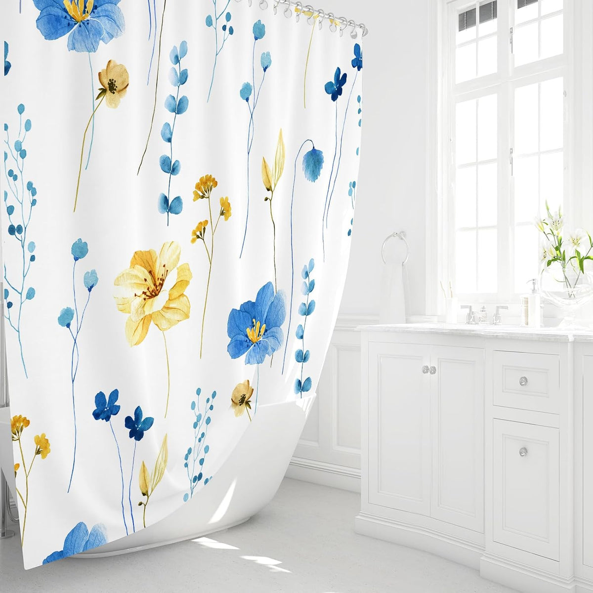 Sage Green Beige Watercolor Floral Fabric Shower Curtain 72x72