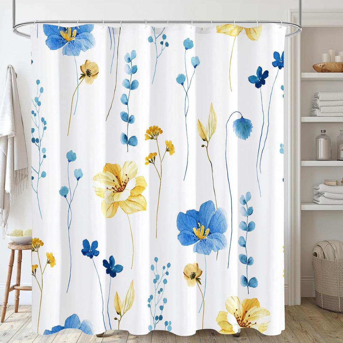 Sage Green Beige Watercolor Floral Fabric Shower Curtain 72x72