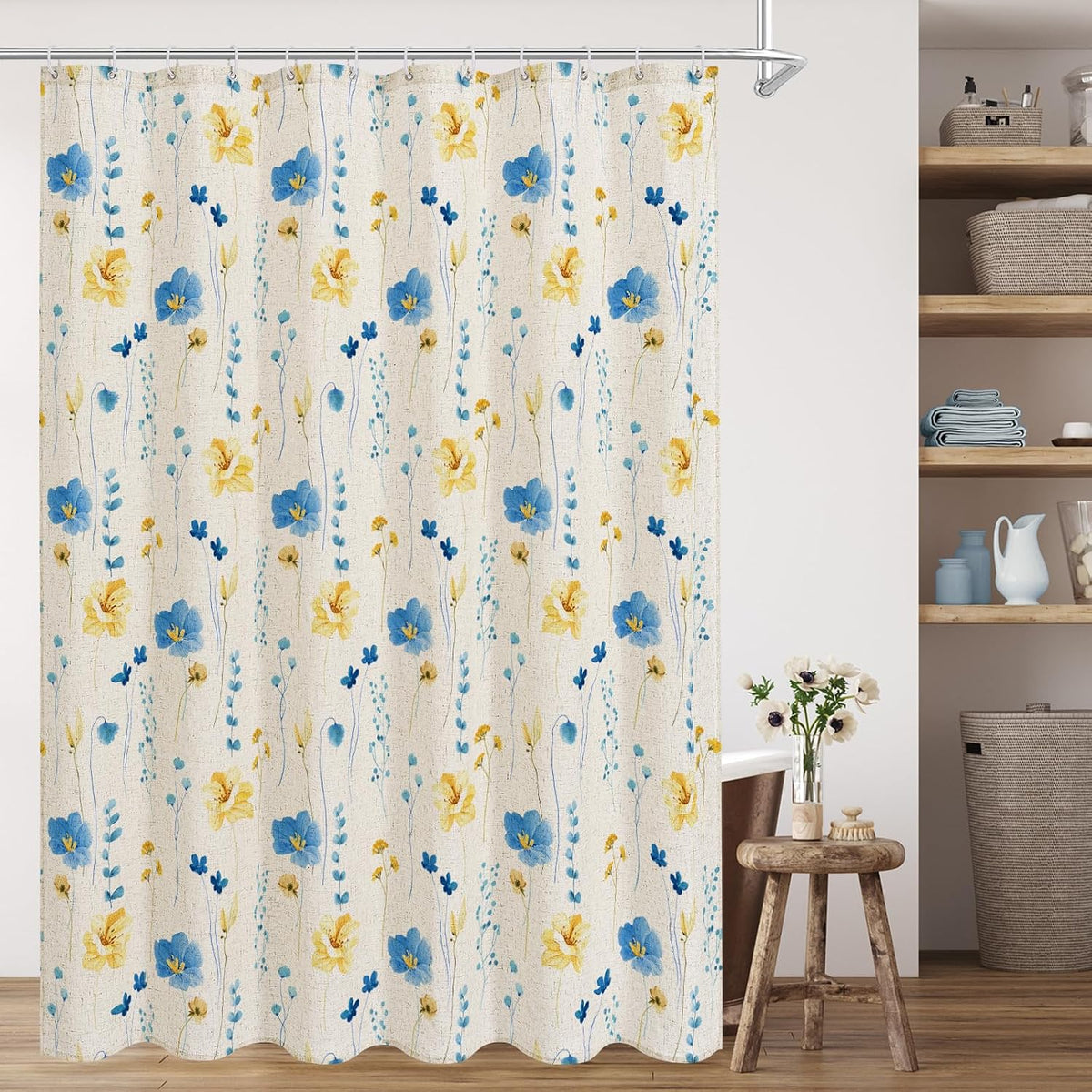 Sage Green Beige Watercolor Floral Fabric Shower Curtain 72x72