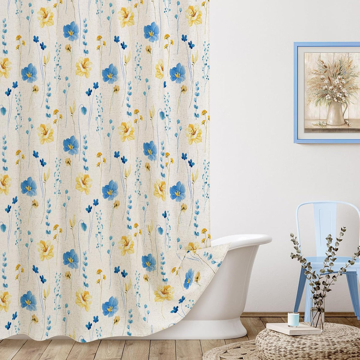 Sage Green Beige Watercolor Floral Fabric Shower Curtain 72x72