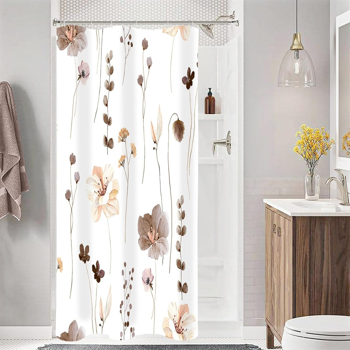 Sage Green Beige Watercolor Floral Fabric Shower Curtain 72x72