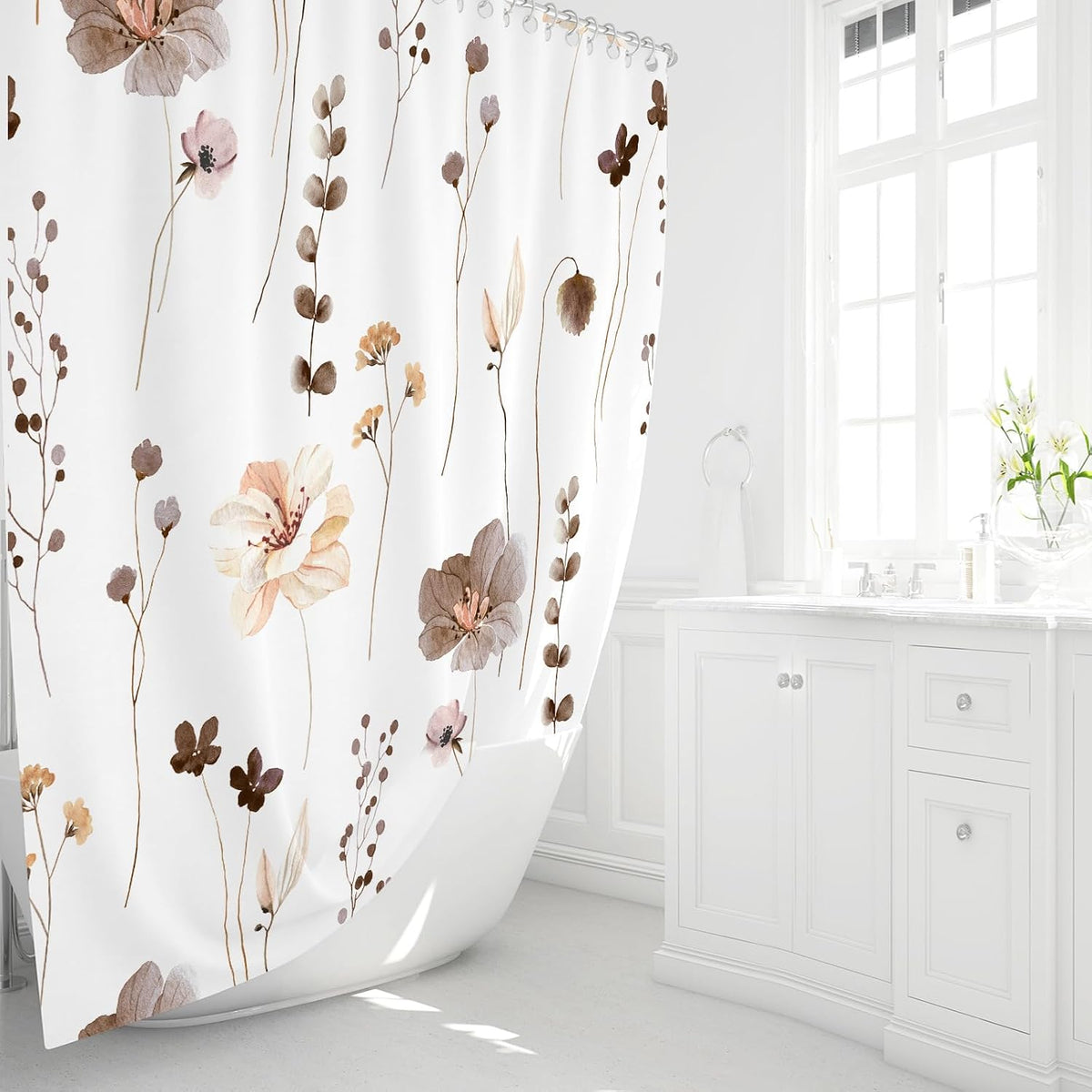 Sage Green Beige Watercolor Floral Fabric Shower Curtain 72x72