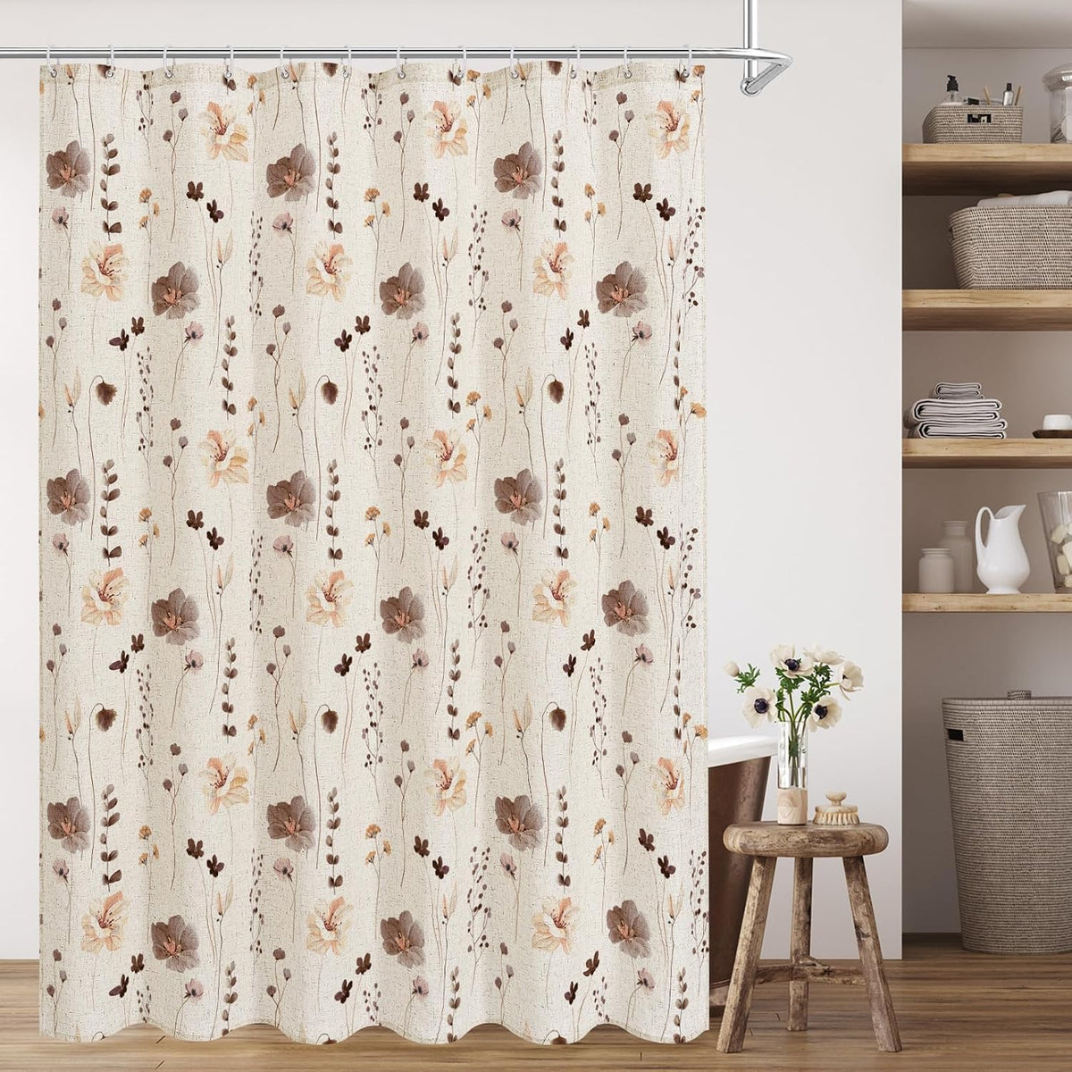 Sage Green Beige Watercolor Floral Fabric Shower Curtain 72x72