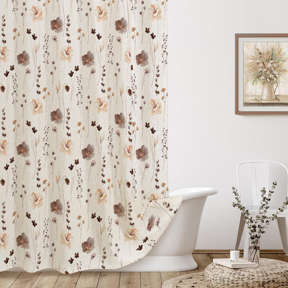 Sage Green Beige Watercolor Floral Fabric Shower Curtain 72x72