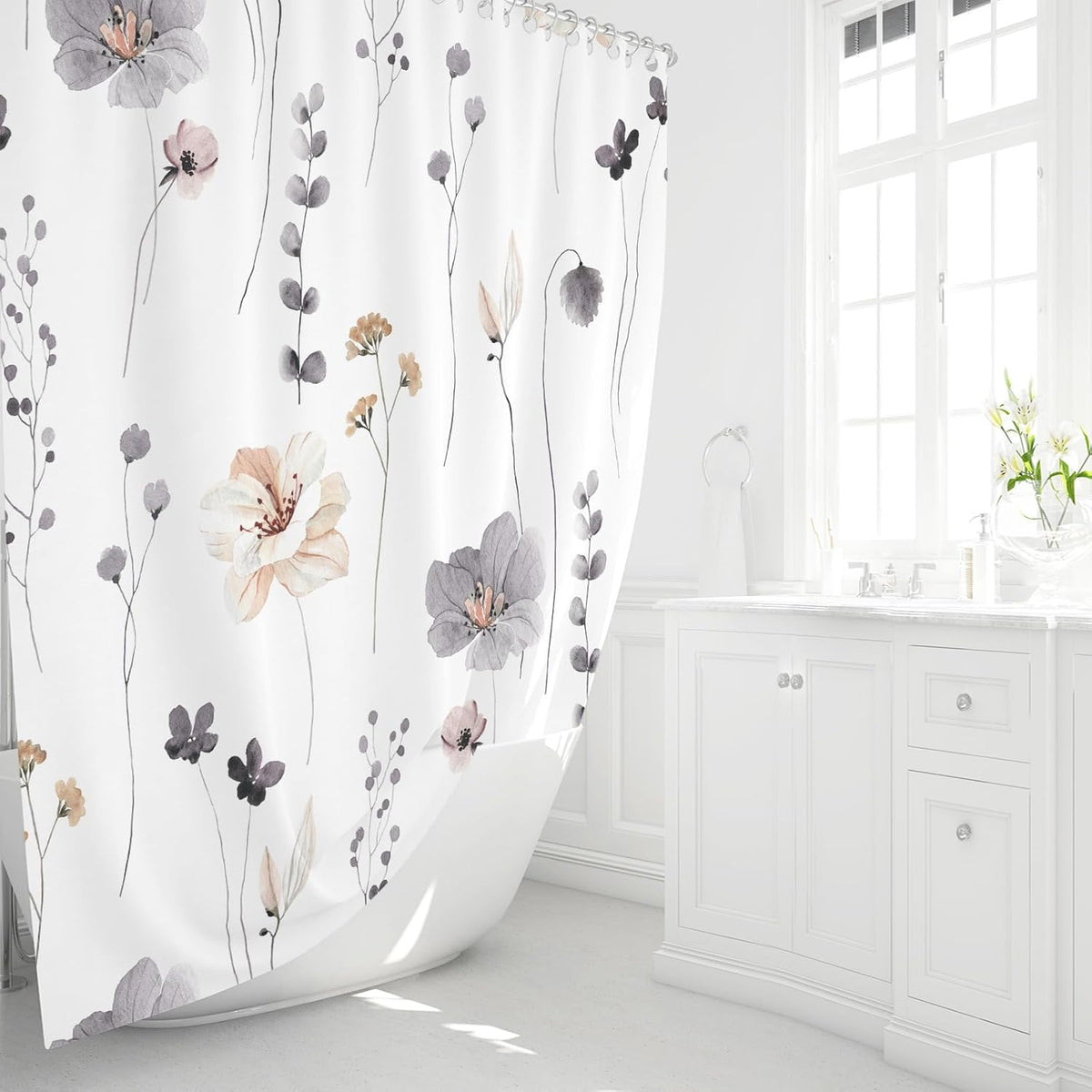 Sage Green Beige Watercolor Floral Fabric Shower Curtain 72x72
