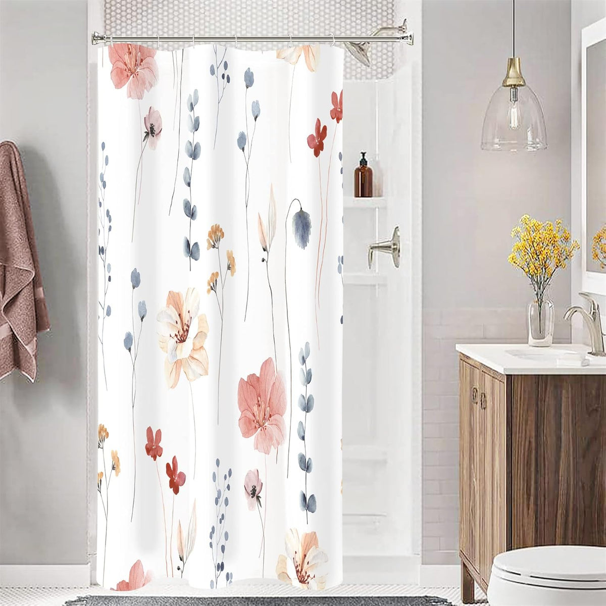 Sage Green Beige Watercolor Floral Fabric Shower Curtain 72x72
