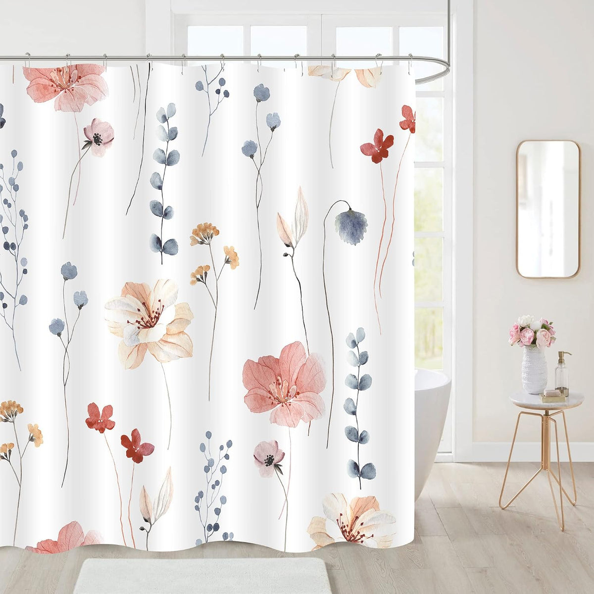 Sage Green Beige Watercolor Floral Fabric Shower Curtain 72x72
