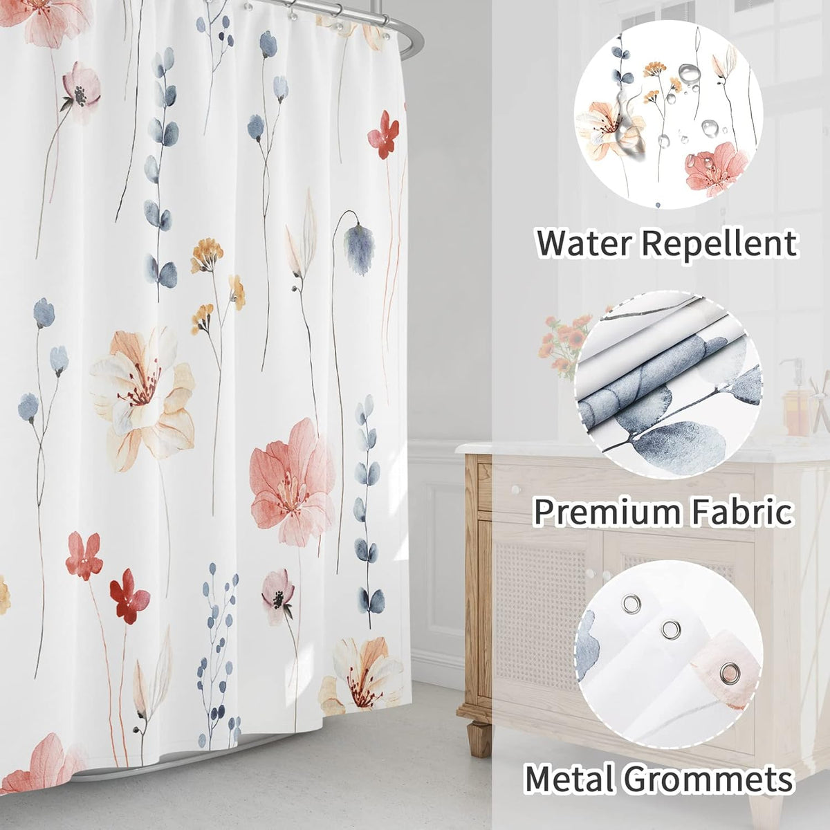 Sage Green Beige Watercolor Floral Fabric Shower Curtain 72x72