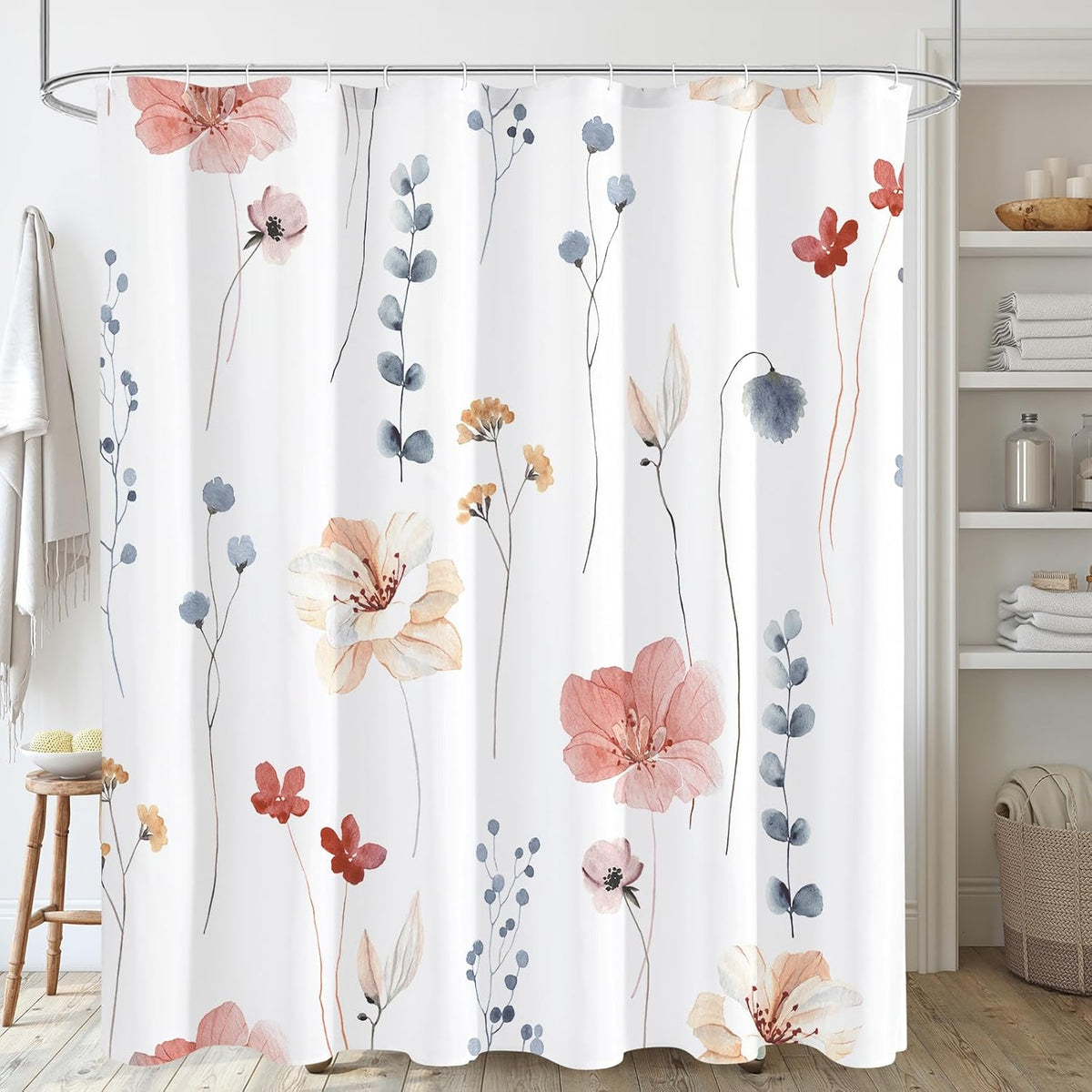 Sage Green Beige Watercolor Floral Fabric Shower Curtain 72x72
