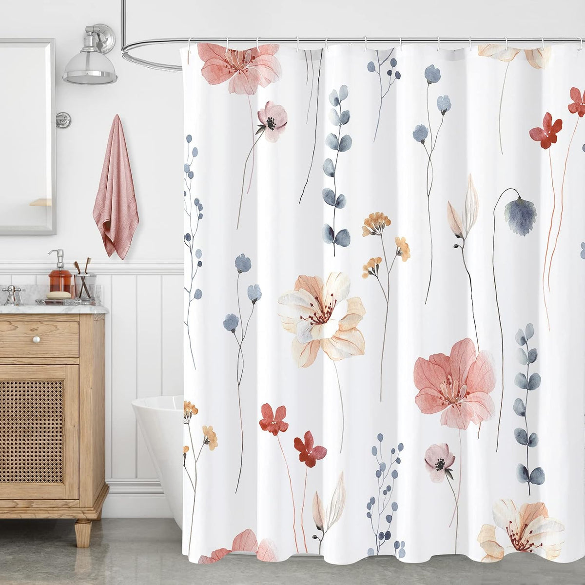 Sage Green Beige Watercolor Floral Fabric Shower Curtain 72x72