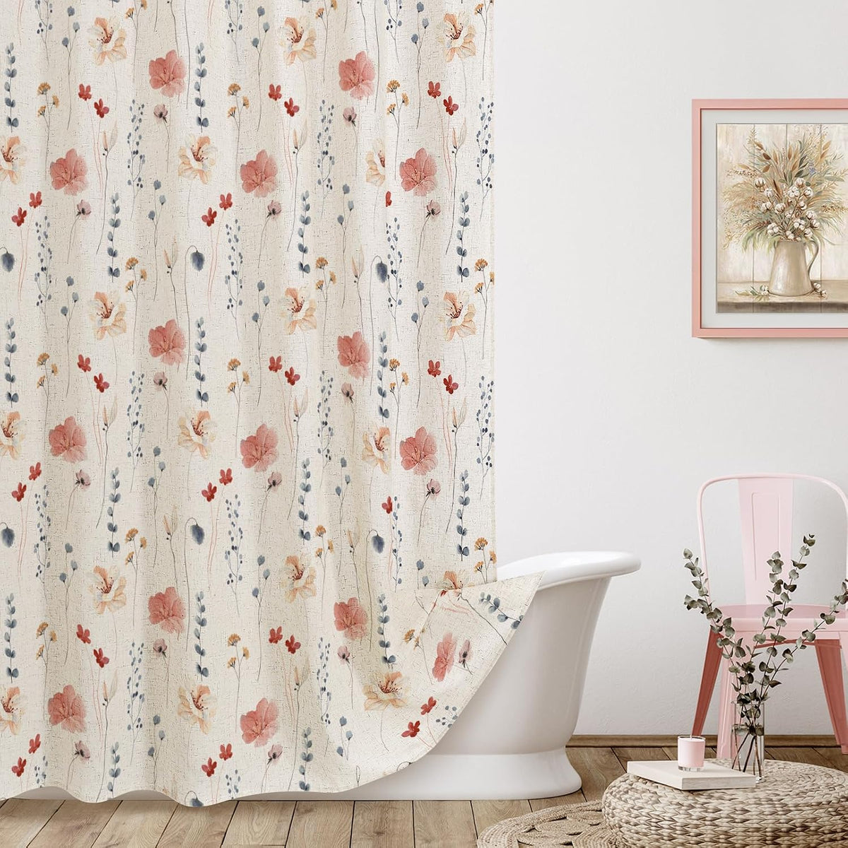 Sage Green Beige Watercolor Floral Fabric Shower Curtain 72x72