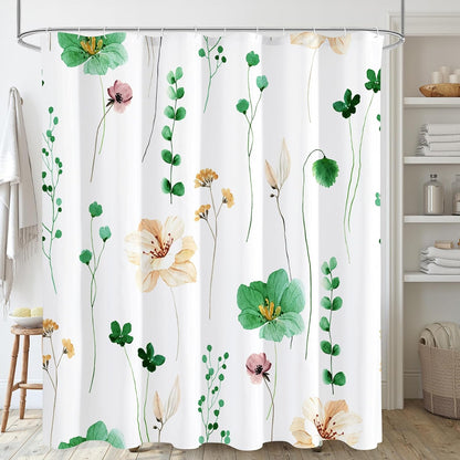 Sage Green Beige Watercolor Floral Fabric Shower Curtain 72x72