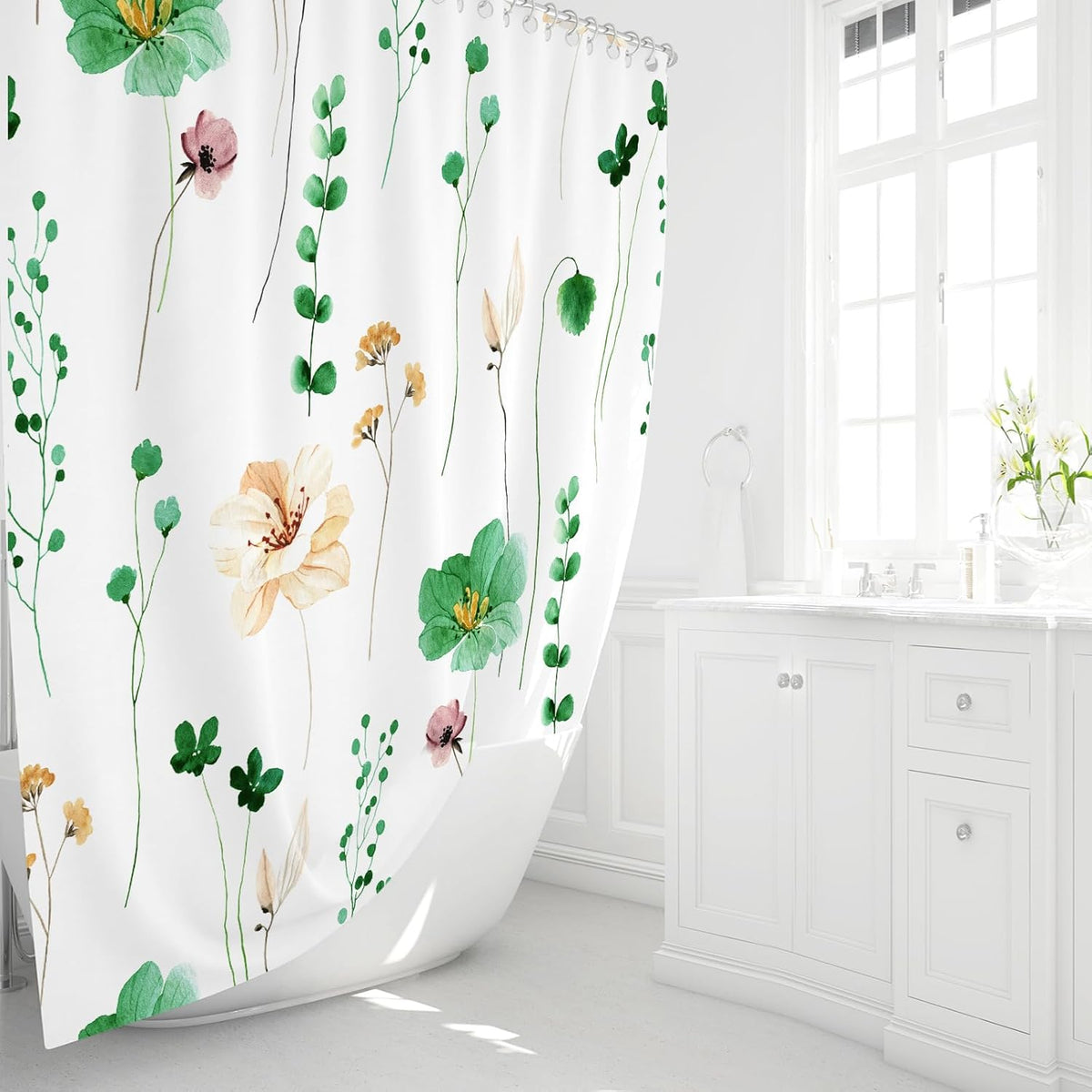 Sage Green Beige Watercolor Floral Fabric Shower Curtain 72x72