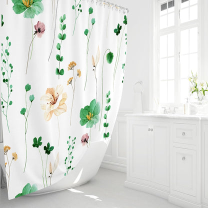 Sage Green Beige Watercolor Floral Fabric Shower Curtain 72x72