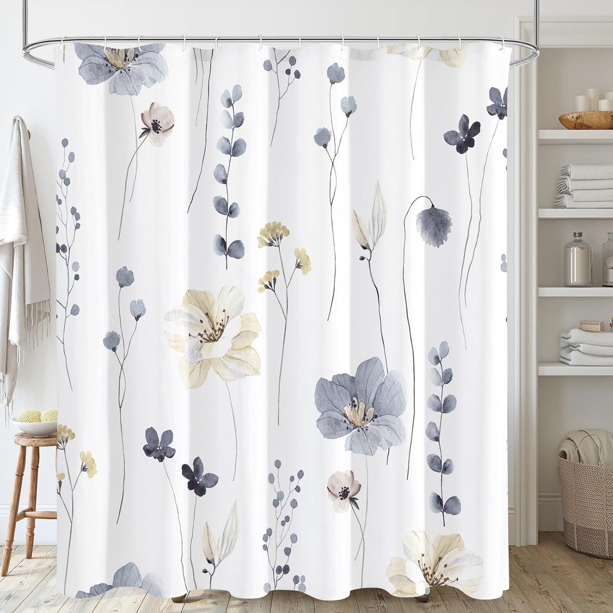 Sage Green Beige Watercolor Floral Fabric Shower Curtain 72x72