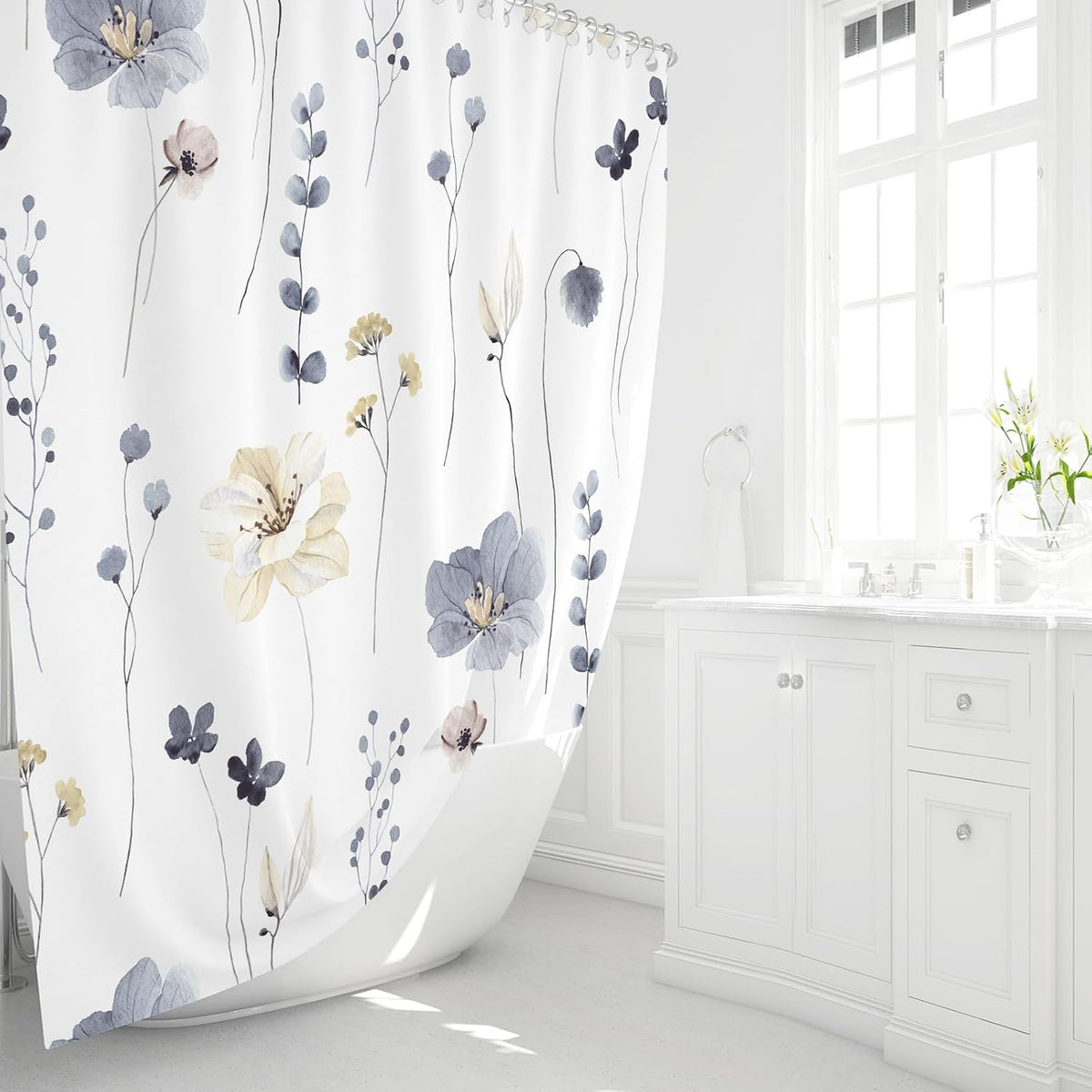 Sage Green Beige Watercolor Floral Fabric Shower Curtain 72x72