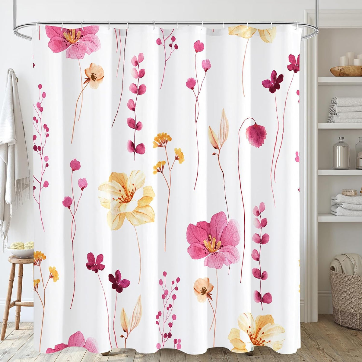 Sage Green Beige Watercolor Floral Fabric Shower Curtain 72x72
