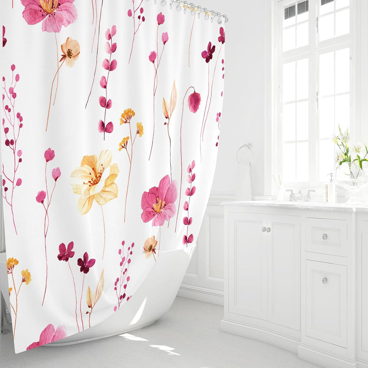 Sage Green Beige Watercolor Floral Fabric Shower Curtain 72x72