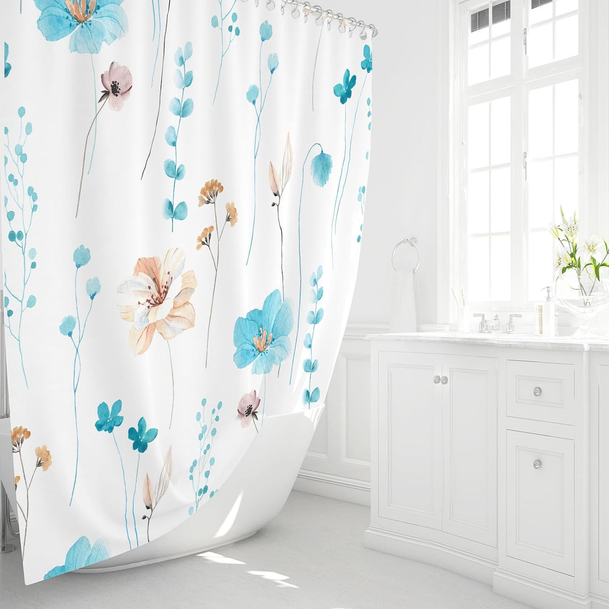 Sage Green Beige Watercolor Floral Fabric Shower Curtain 72x72