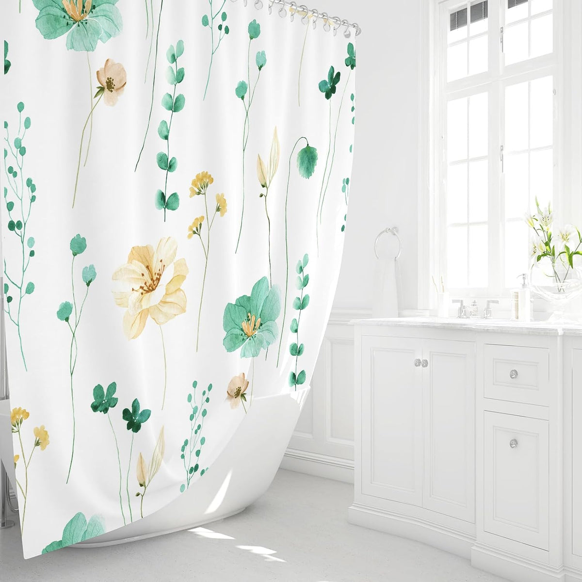 Sage Green Beige Watercolor Floral Fabric Shower Curtain 72x72